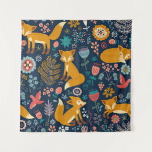 Colourful pattern with a foxfox,pattern,forest,fal tapestry