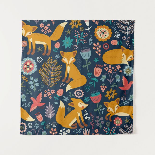 Colourful pattern with a foxfox,pattern,forest,fal tapestry (Front)