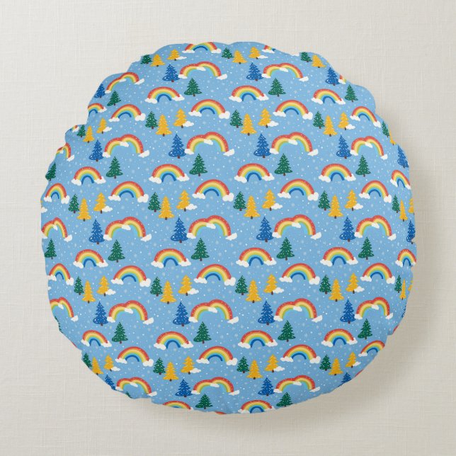 Colourful Pattern with Rainbows and Trees Round Cushion (Front)