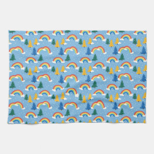 Colourful Pattern with Rainbows and Trees Tea Towel