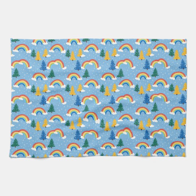 Colourful Pattern with Rainbows and Trees Tea Towel (Horizontal)