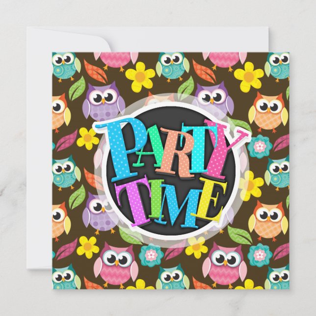 Colourful Patterned Owls and Flowers Invitation (Front)