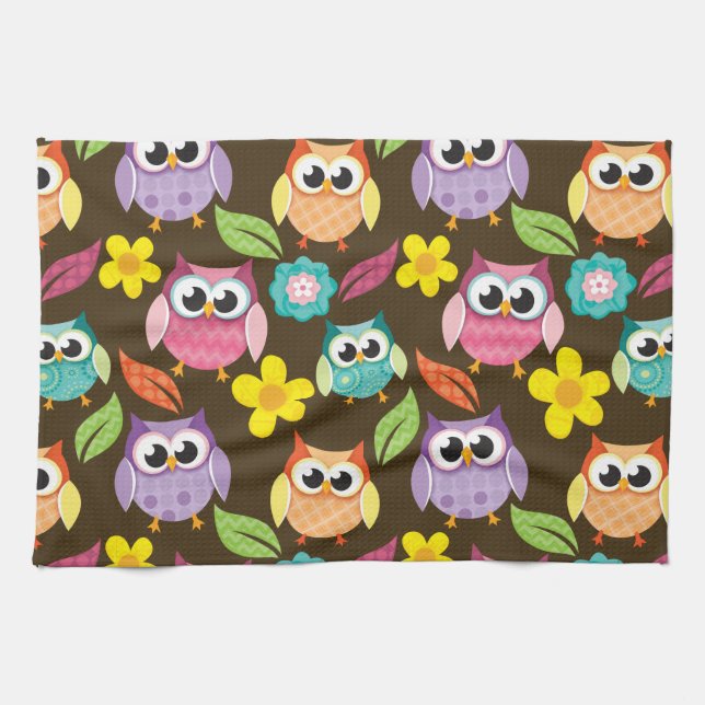Colourful Patterned Owls and Flowers Tea Towel (Horizontal)