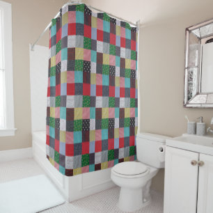 colourful patterned squares of patchwork shower curtain