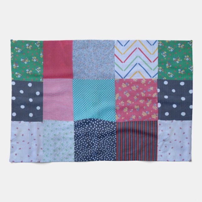 colourful patterned squares vintage patchwork tea towel (Horizontal)