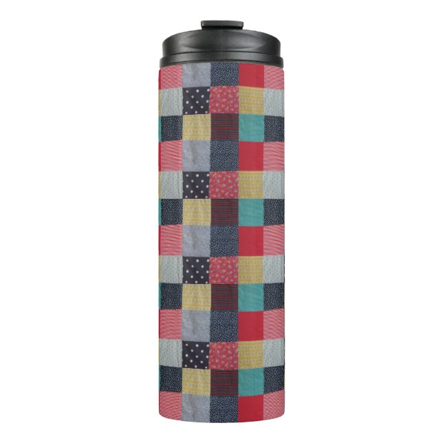 colourful patterned squares vintage patchwork thermal tumbler (Front)