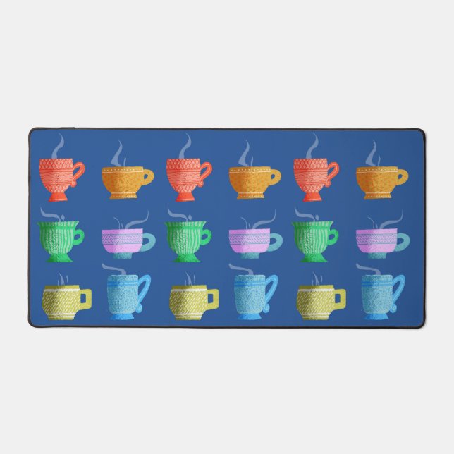 Colourful Patterned Whimsical Mugs on Blue Desk Mat (Front)
