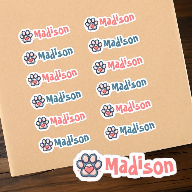 Colourful Paw Print and Heart Custom Name Label Se (🐾 Colorful labels made just for you! ❤️💙)