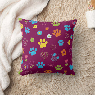 Colourful Paw Print, Heart, and Flower Pattern Cushion