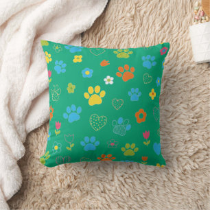 Colourful Paw Print, Heart, and Flower Pattern  Cushion