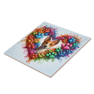 Colourful Paw Print Heart Design With a Playful Do Ceramic Tile