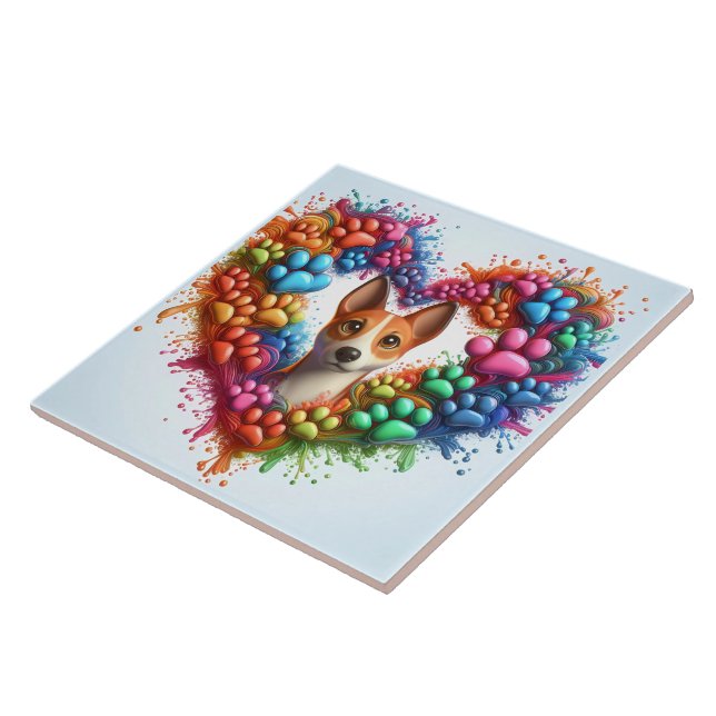 Colourful Paw Print Heart Design With a Playful Do Ceramic Tile (Side)