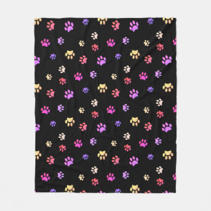 Colourful Paw Print Pattern on Black Fleece Blanket