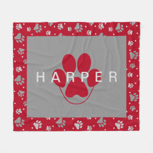 Colourful Paw Print Pattern Pet Name Red Fleece Pe