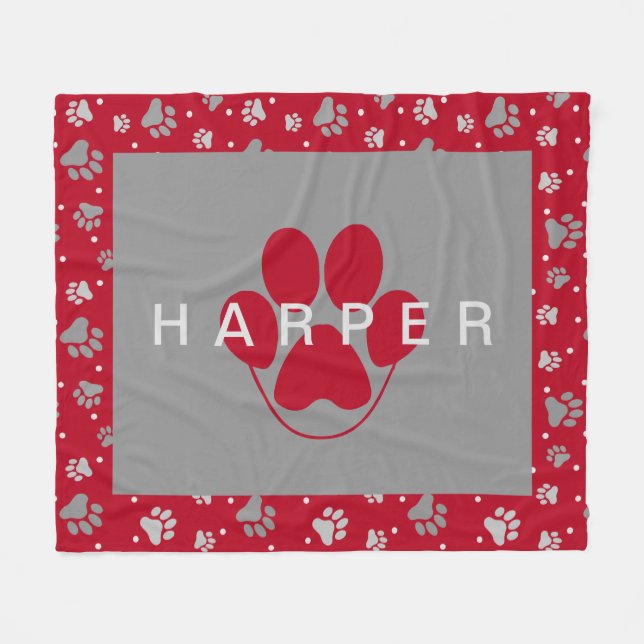 Colourful Paw Print Pattern Pet Name Red Fleece Pe Blanket (Front (Horizontal))