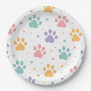 Colourful Paw Print Puppy Dog Birthday Party Paper Plate