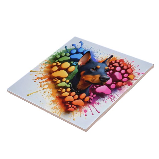 Colourful Paw Print Tile for Dobermann Dogs (Side)