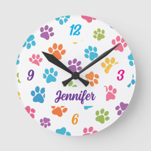 Colourful Paw Print Wall Clock with Custom Name
