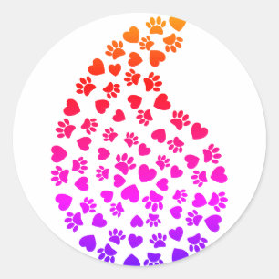 Colourful Paw Prints And Hearts Paisley Pattern  Classic Round Sticker