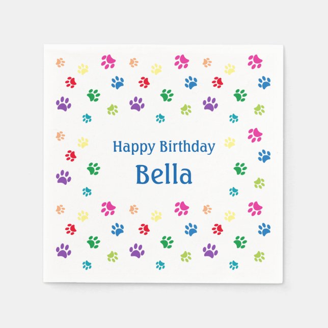 Colourful Paw Prints Blue Custom Pet Birthday Napkin (Front)