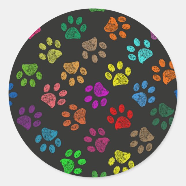 Colourful paw prints classic round sticker (Front)