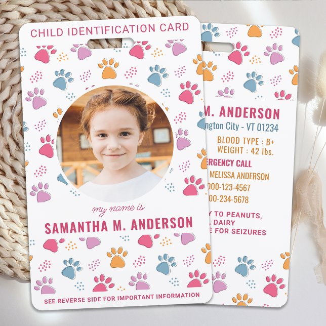 Colourful Paw Prints Custom Photo Safety Child ID Badge (Creator Uploaded)
