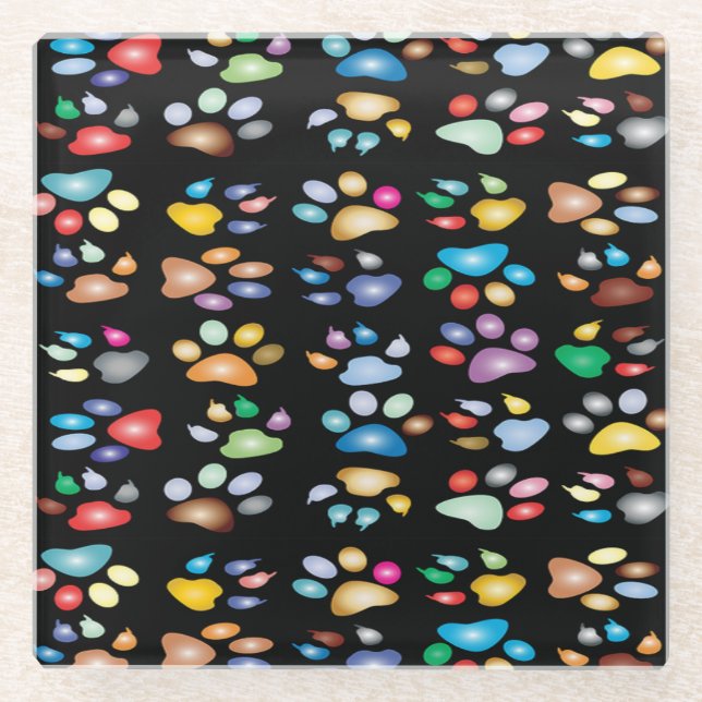 Colourful paw prints glass coaster (Front)