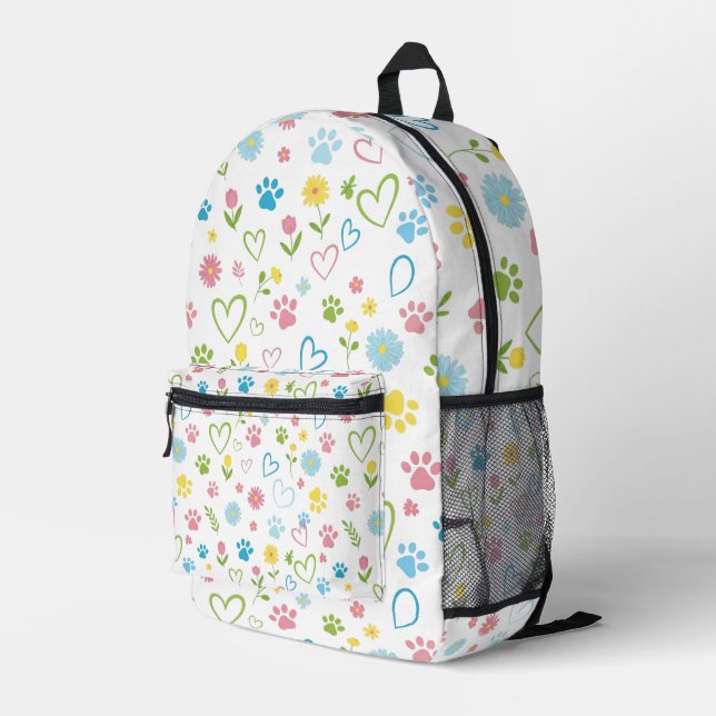 Colourful Paw Prints & Hearts Backpack Cute Floral (Back Corner Right)