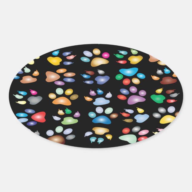 Colourful paw prints oval sticker (Front)