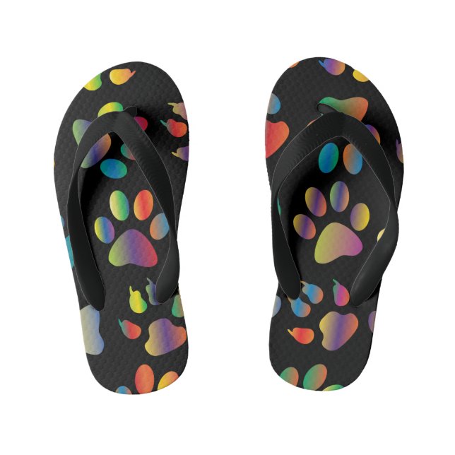 Colourful Paw Prints Pattern (Black) Kid's Thongs (Footbed)