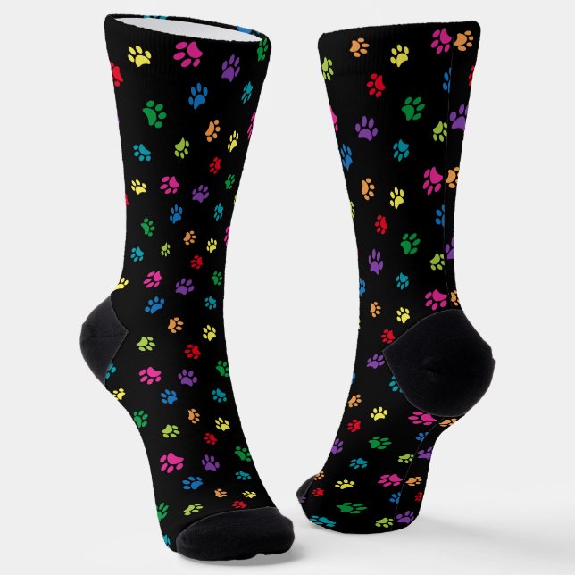 Colourful Paw Prints Pattern Black Socks (Angled)