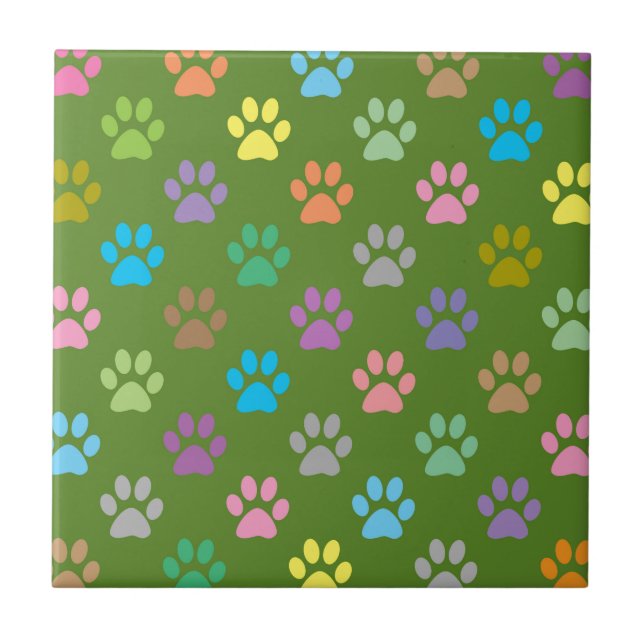 Colourful paw prints pattern ceramic tile (Front)