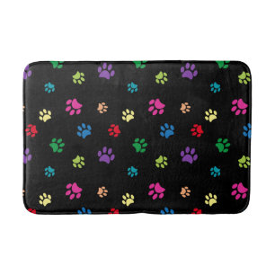 Colourful Paw Prints Pattern on Black Bath Mat