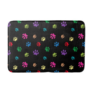 Colourful Paw Prints Pattern on Black Bath Mat
