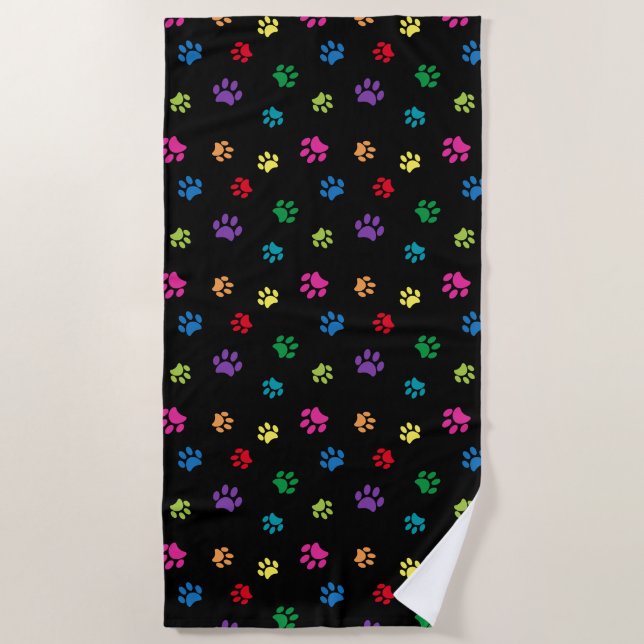Colourful Paw Prints Pattern on Black Beach Towel (Front)