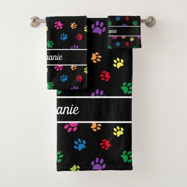 Colourful Paw Prints Personalised Bath Towel Set (Insitu)