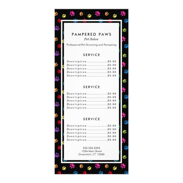 Colourful Paw Prints Pet Salon Service Rack Card (Front)