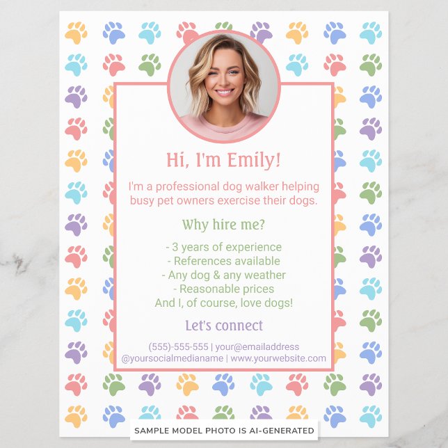 Colourful Paws Custom Photo Dog Walker Services Flyer (Creator Uploaded)