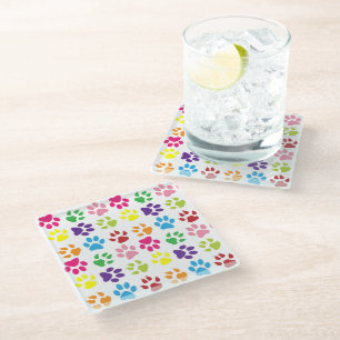 Colourful Paws, Dog Paws, Cat Paws Glass Coaster