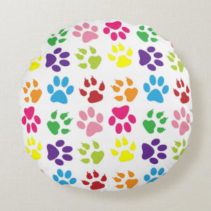 Colourful Paws, Dog Paws, Cat Paws Round Cushion