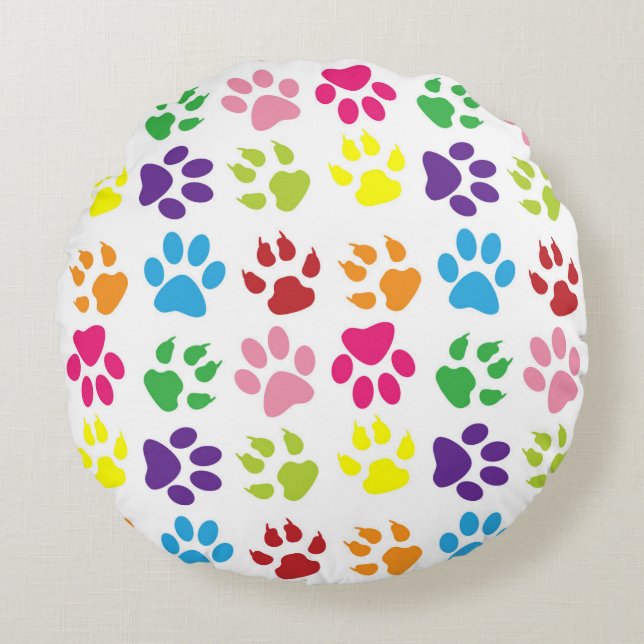 Colourful Paws, Dog Paws, Cat Paws Round Cushion (Front)