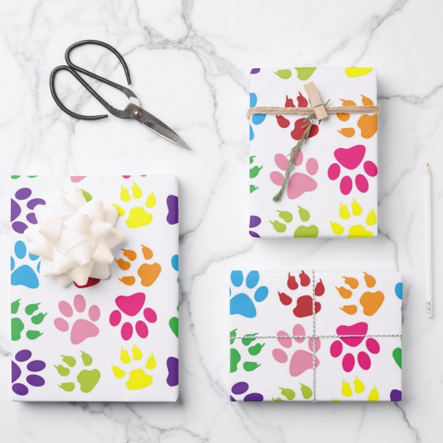 Colourful Paws, Dog Paws, Cat Paws Wrapping Paper Sheet (Front)