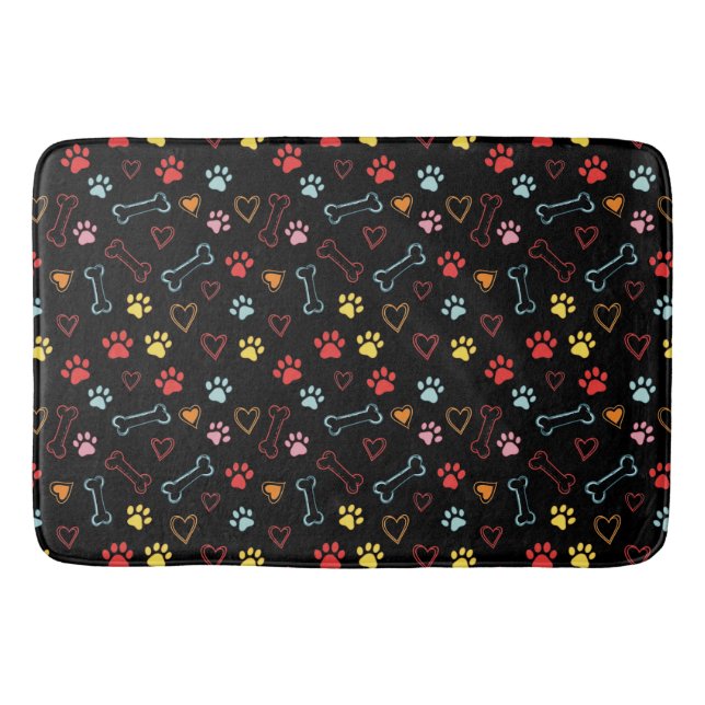 Colourful Paws, Hearts & Bones Doodle Bath Mat (Front)