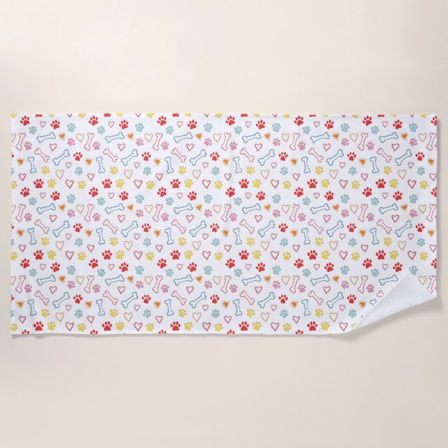 Colourful Paws, Hearts & Bones Doodle Beach Towel (Front)