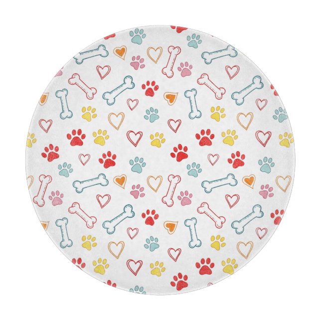 Colourful Paws, Hearts & Bones Doodle  Cutting Board (Front)