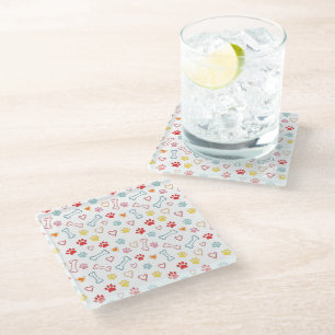 Colourful Paws, Hearts & Bones Doodle Glass Coaster