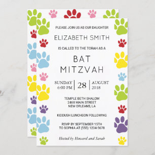 Colourful Paws, Paw Pattern, Dog Paws, Bat Mitzvah Invitation