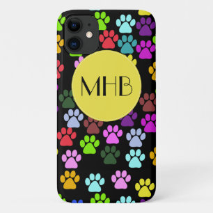 Colourful Paws, Paw Pattern, Dog Paws, Monogram iPhone 11 Case