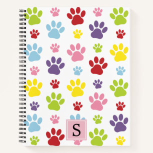 Colourful Paws, Paw Pattern, Dog Paws, Monogram Notebook