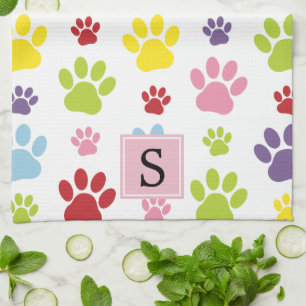 Colourful Paws, Paw Pattern, Dog Paws, Monogram Tea Towel